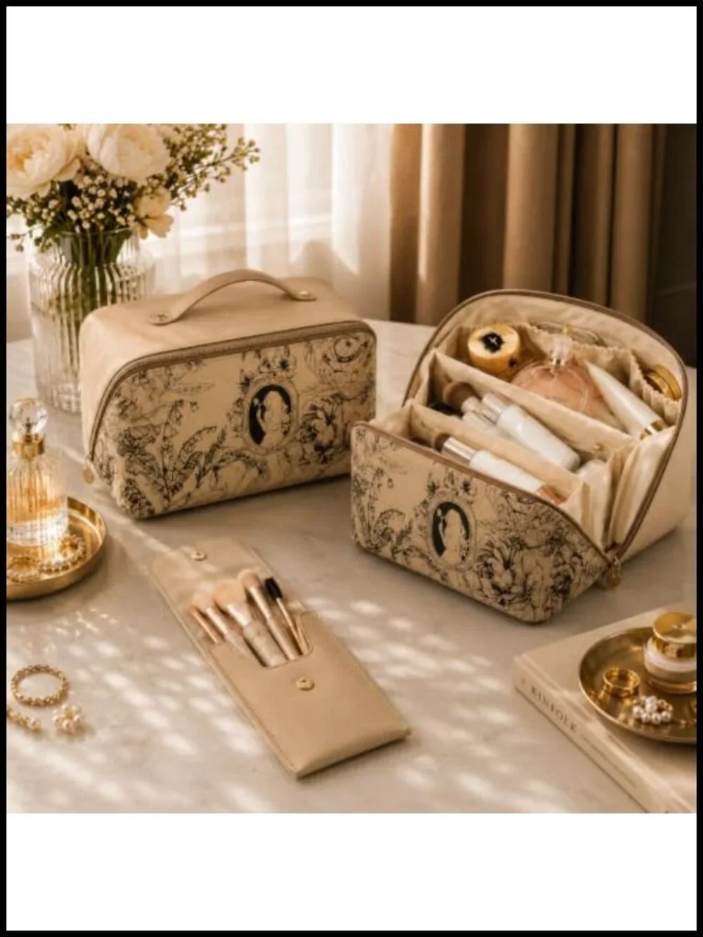 Large Capacity Waterproof PU Leather Travel Makeup Bag with Brush Pouch